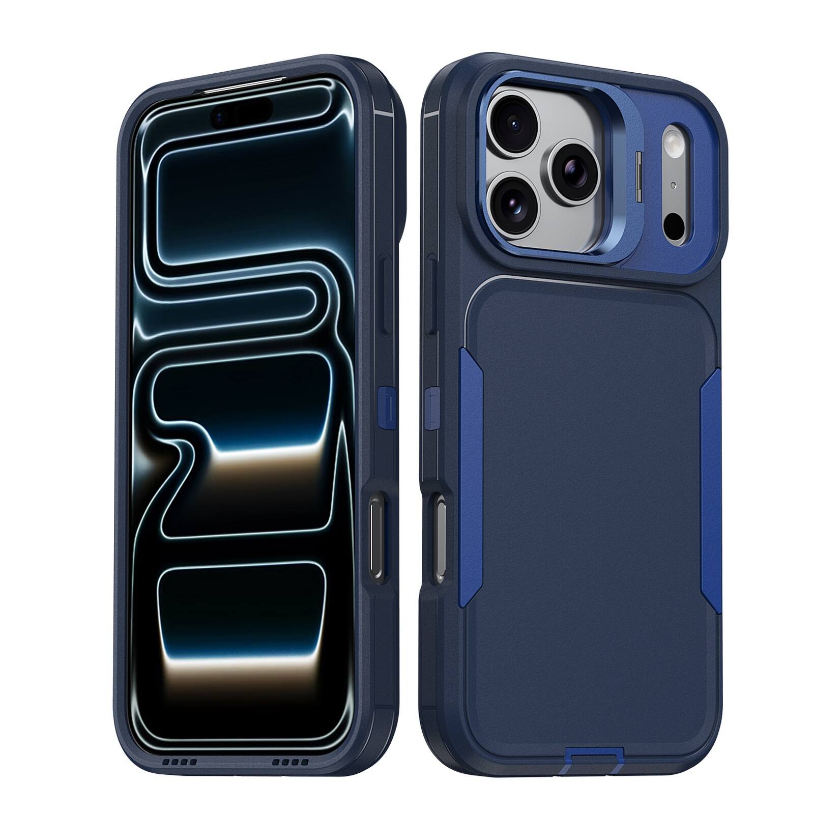 Angle. Dteck - For Apple iPhone 17 Pro Rugged Case, Heavy Duty Dual Layer Shockproof Lens Kickstand Drop Protection Cover - Blue.