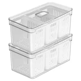 OU - Fridge Organizer Bins with Triple Drain Baskets & Vented Lids, Produce Kitchen Storage Bin - Clear