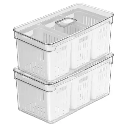 Front. OU - OU Fridge Organizer Bins with Triple Drain Baskets & Vented Lids, Clear Produce Kitchen Storage Bin - Clear.