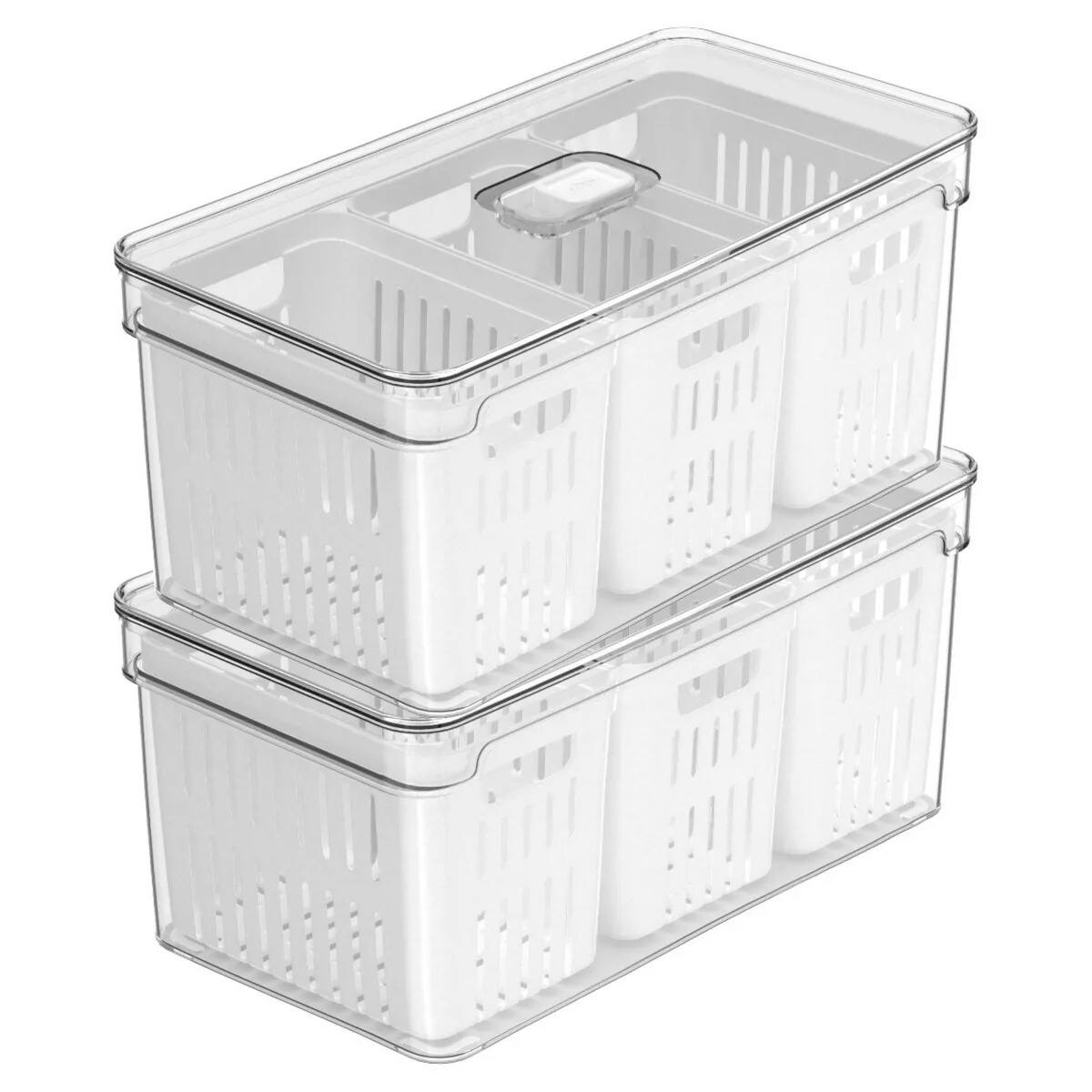 Front. OU - OU Fridge Organizer Bins with Triple Drain Baskets & Vented Lids, Clear Produce Kitchen Storage Bin - Clear.