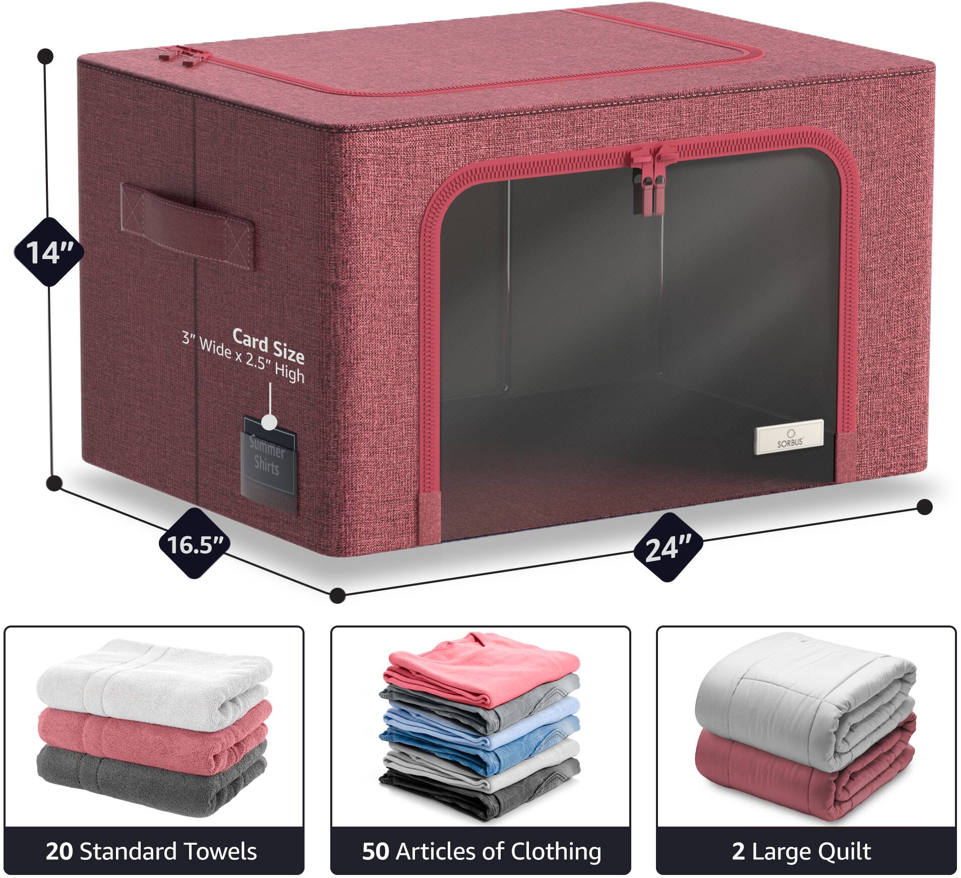 - 14" Wide
- 16.5" High
- 24" Deep

- Card Size: 3" Wide x 2.5" High

- Summer Shirts

- 20 Standard Towels

- 50 Articles of Clothing

- 2 Large Quilt