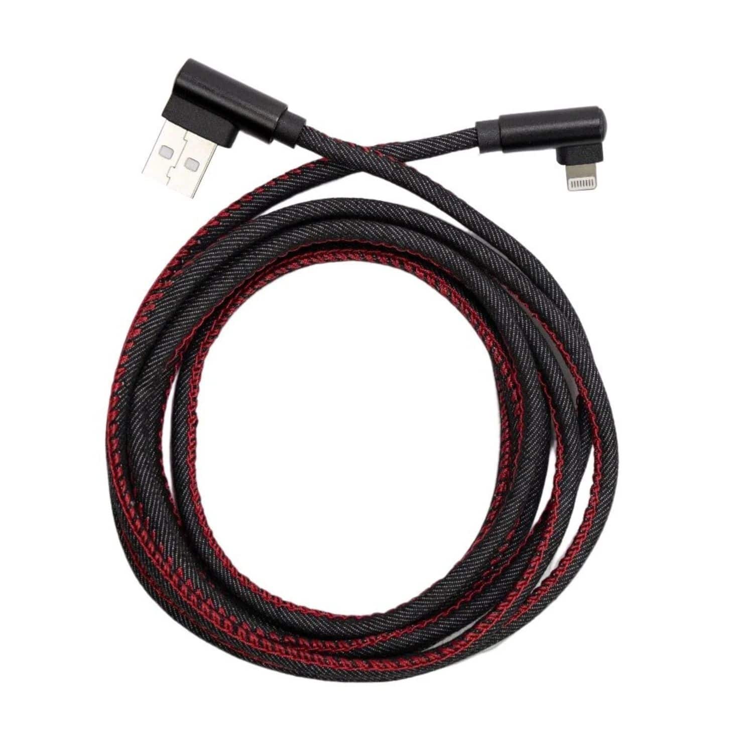 Front. Stock Preferred - 6ft 90° Right Angle Braided Lightning Cable for iPhone 14/13/12/11 Pro Max – Fast Charging & Data Sync.