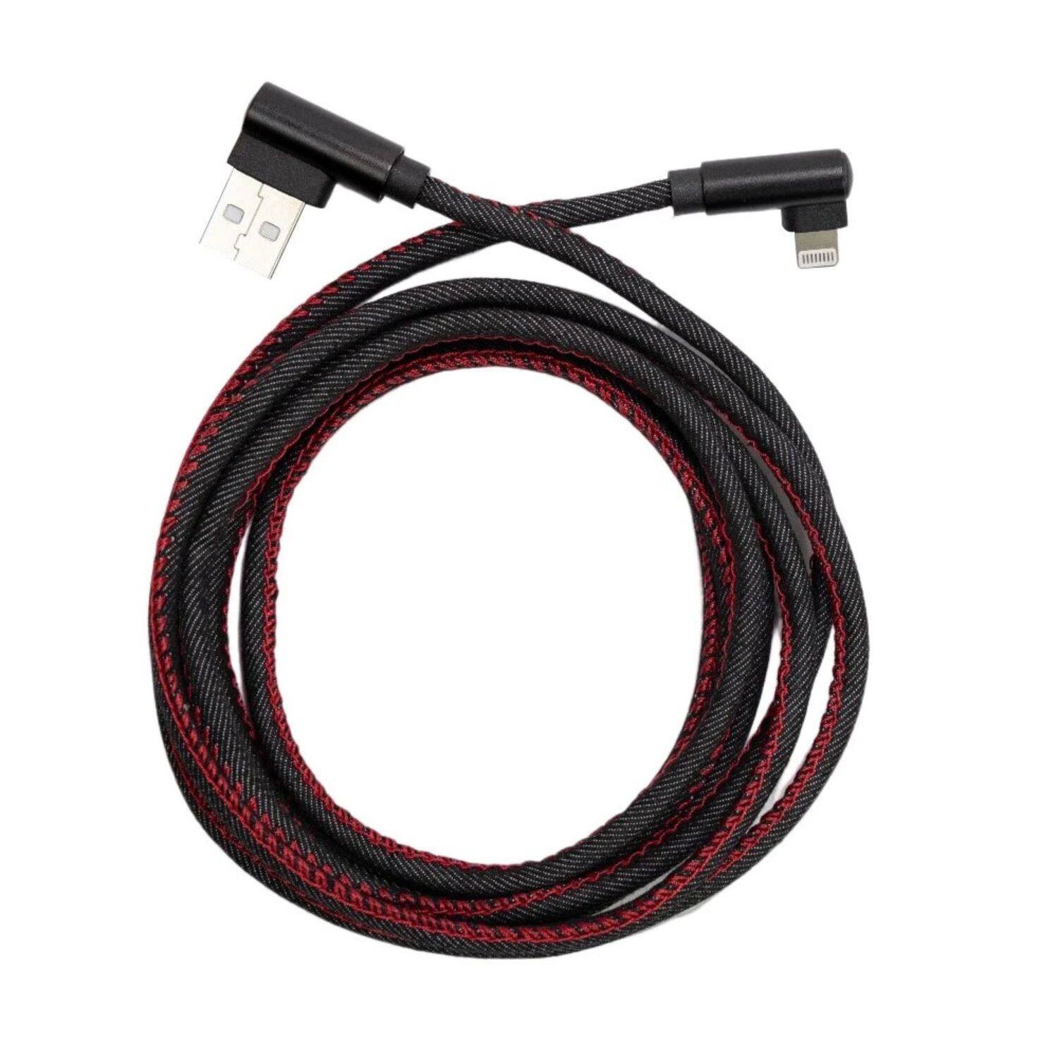 Front. Stock Preferred - 6ft 90° Right Angle Braided Lightning Cable for iPhone 14/13/12/11 Pro Max – Fast Charging & Data Sync.