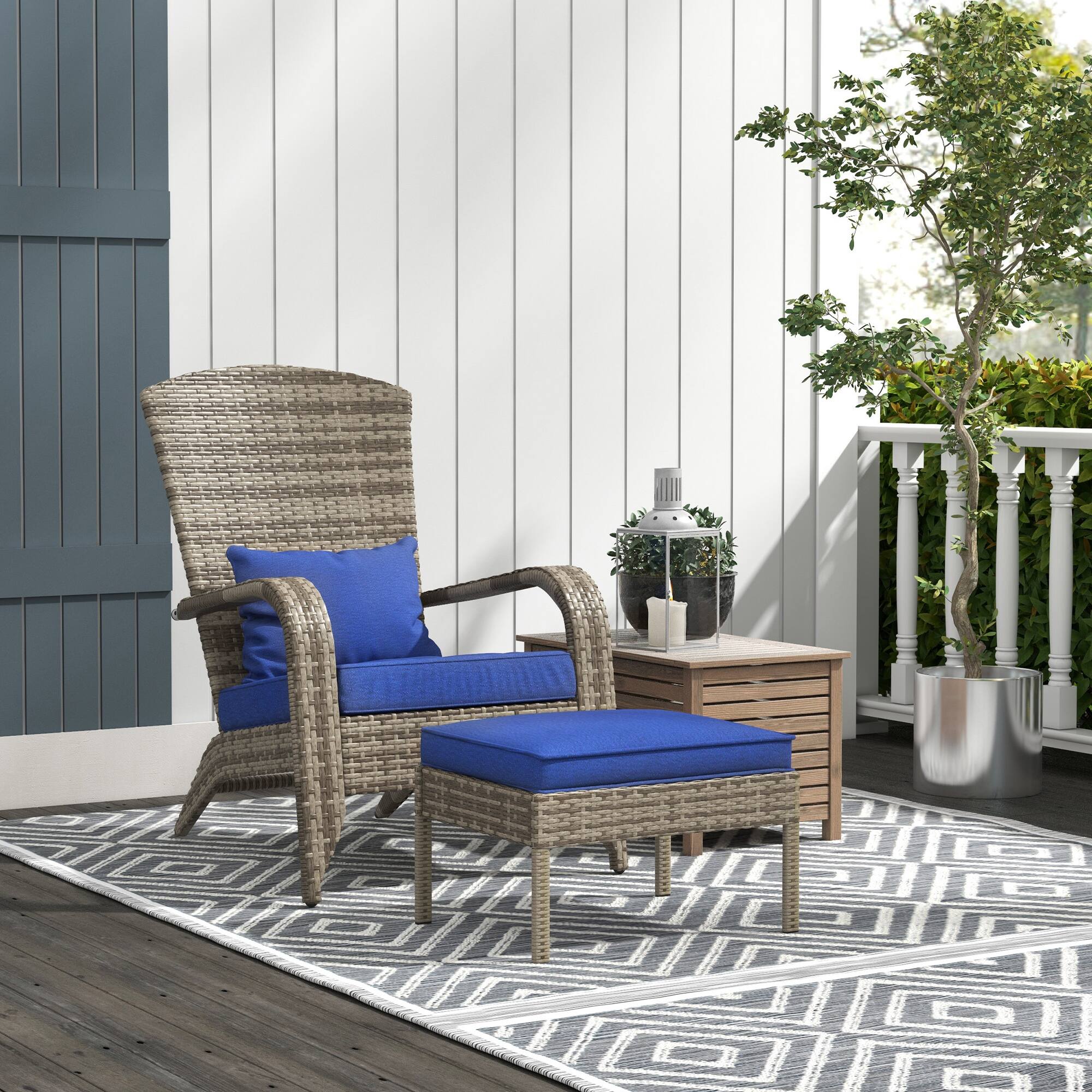 Alt View 1. Outsunny - Patio Wicker Adirondack Chair with Ottoman, Outdoor Fire Pit Chair with Cushions, High-Back, Large Seat & Armrests - Blue.