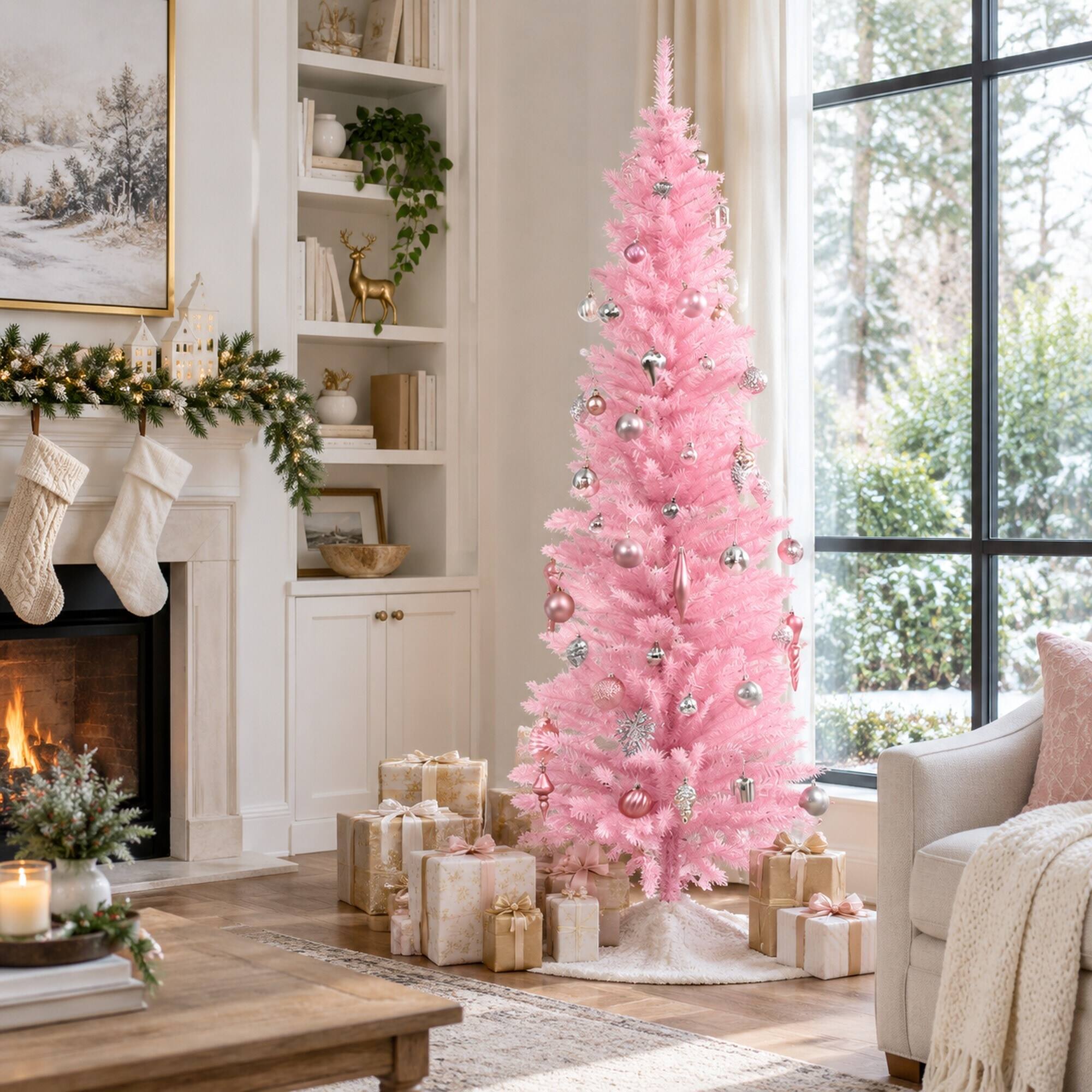 Back. RYHNUYNE - Pink Pencil Christmas Tree With Snowy Tips and Chic Holiday Style - Pink.