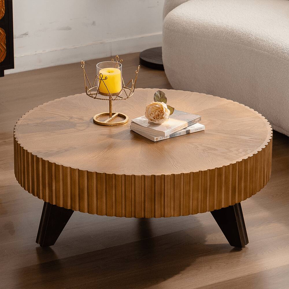 Back. Trinkets Crazed - Solid Round Coffee Table, Pedestal Design With Rustic Wood Grain | Space-Saving Accent Table - Natural.