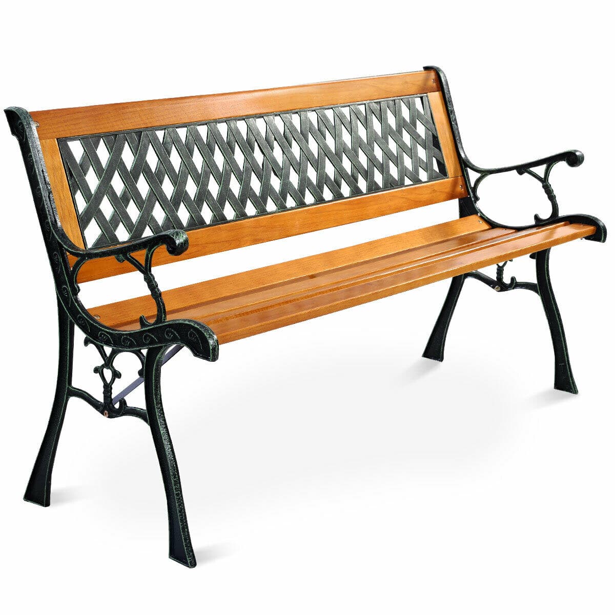Costway - Patio Park Garden Bench Porch Path Chair Outdoor Deck Cast Iron Hardwood - Yellow