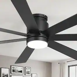 Breezary - 60-Inch Low Profile Ceiling Fan with LED Light, 7 Plywood Blades, DC Motor, 6-Speed Remote, Tri-Color Dimmable with Memo - Black Walnut