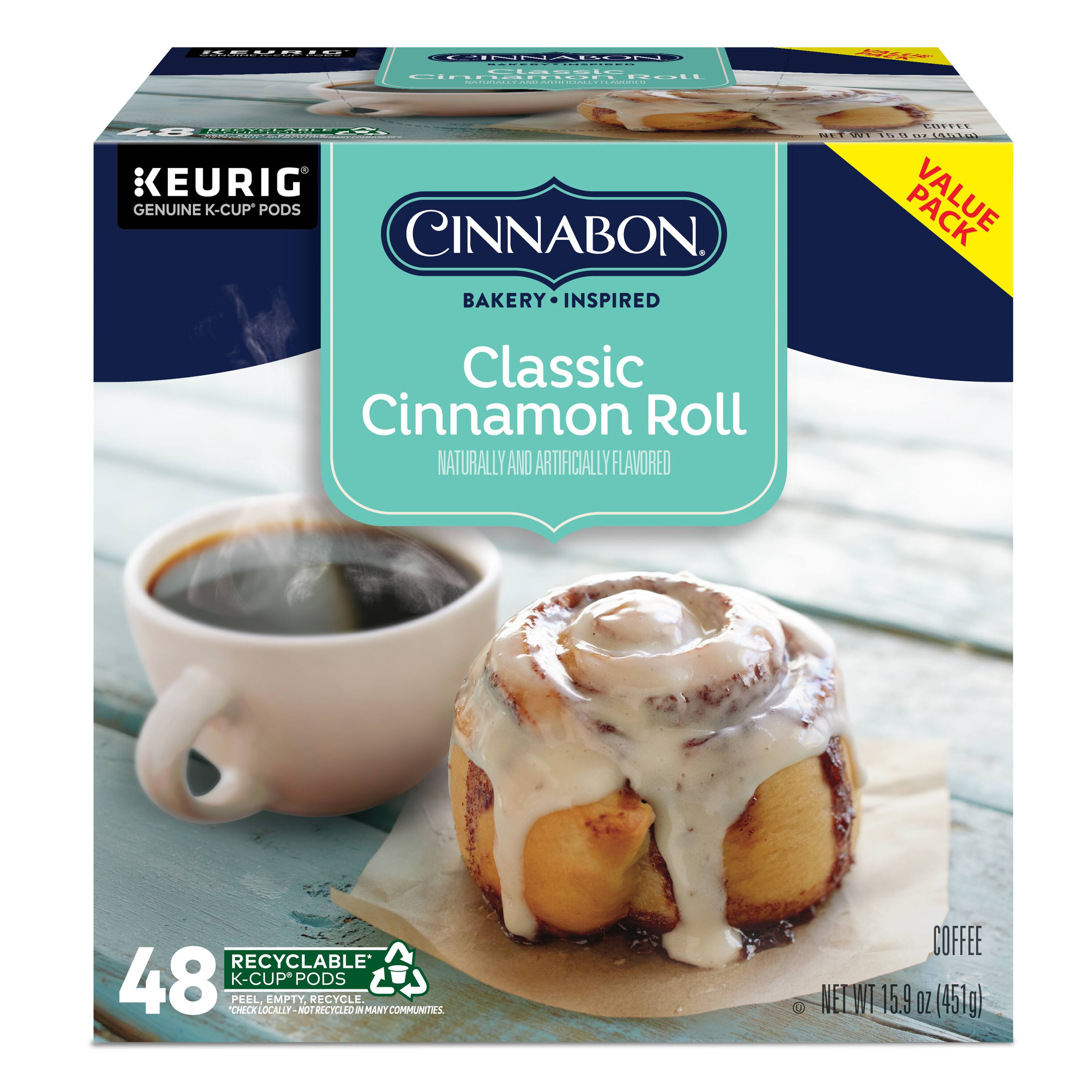 EURIG GENUINE K-CUP PODS CINNABON. BAKERY INSPIRED COFFEE | VALUE PACK | Classic Cinnamon Roll | NATURALLY AND ARTIFICIALLY FLAVORED | RECYCLABLE 48 K-CUP PODS | PEEL, EMPTY, RECYCLE | CHECK LOCALLY - NOT RECYCLED IN MANY COMMUNITIES | COFFEE | NET WT 15.9 OZ (451g)