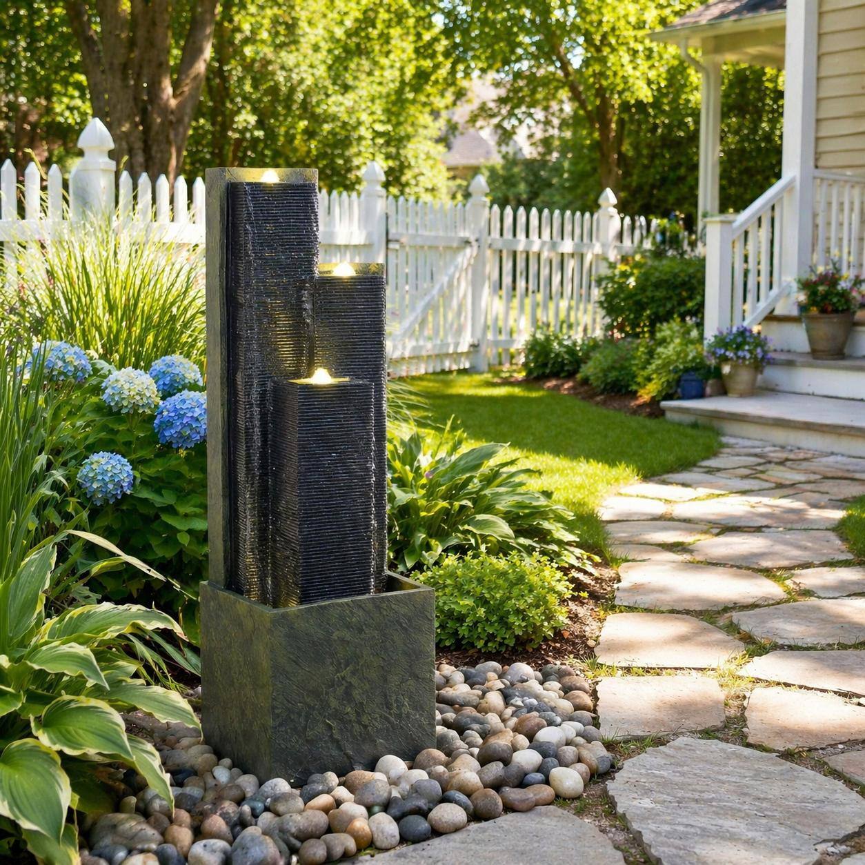 Left. RYHNUYNE - Outdoor Water Fountain 39 Inch H Modern Cascading Freestanding Fountain with LED Lights for Garden Patio Porch.