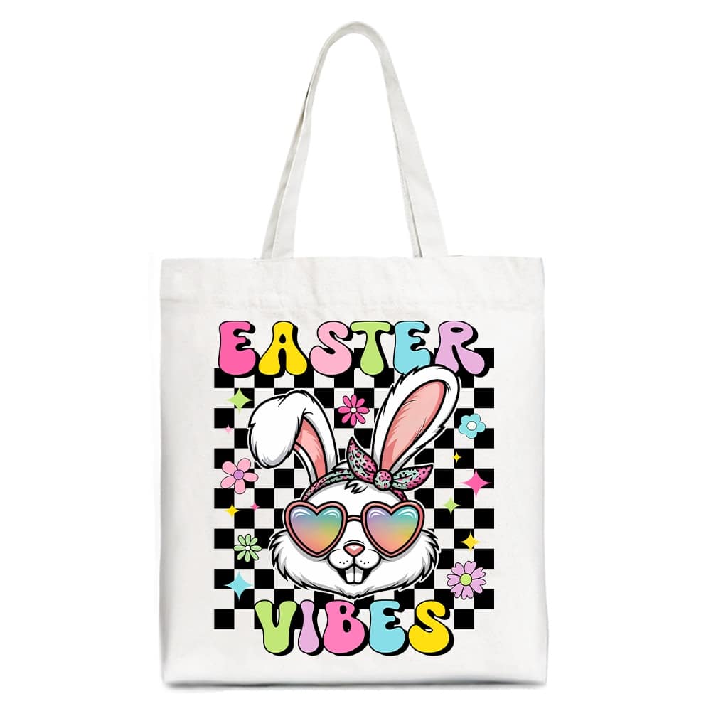 OrnamentallyYou - Retro Easter Bunny Sunglasses Tote Bag, Groovy Checkered Gift Shopper - White