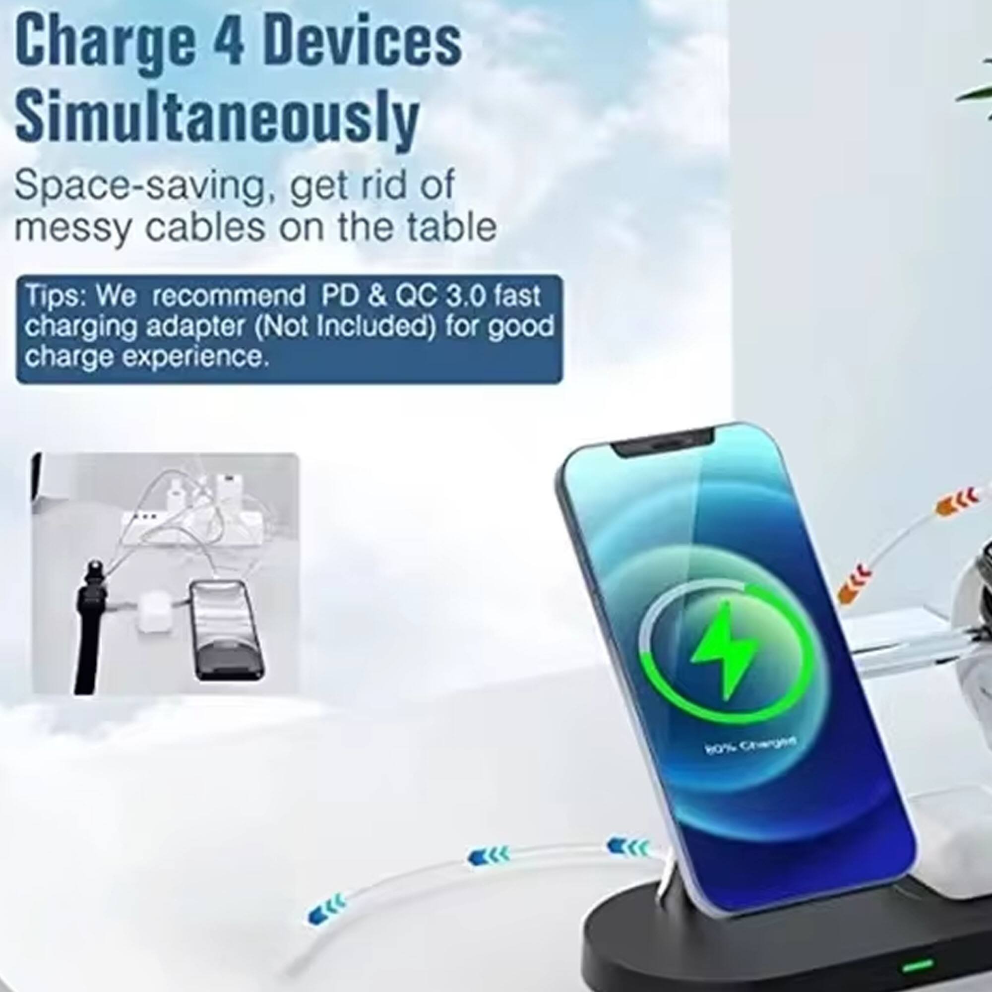 Charge 4 Devices Simultaneously  
Space-saving, get rid of messy cables on the table  

Tips: We recommend PD & QC 3.0 fast charging adapter (Not Included) for good charge experience.