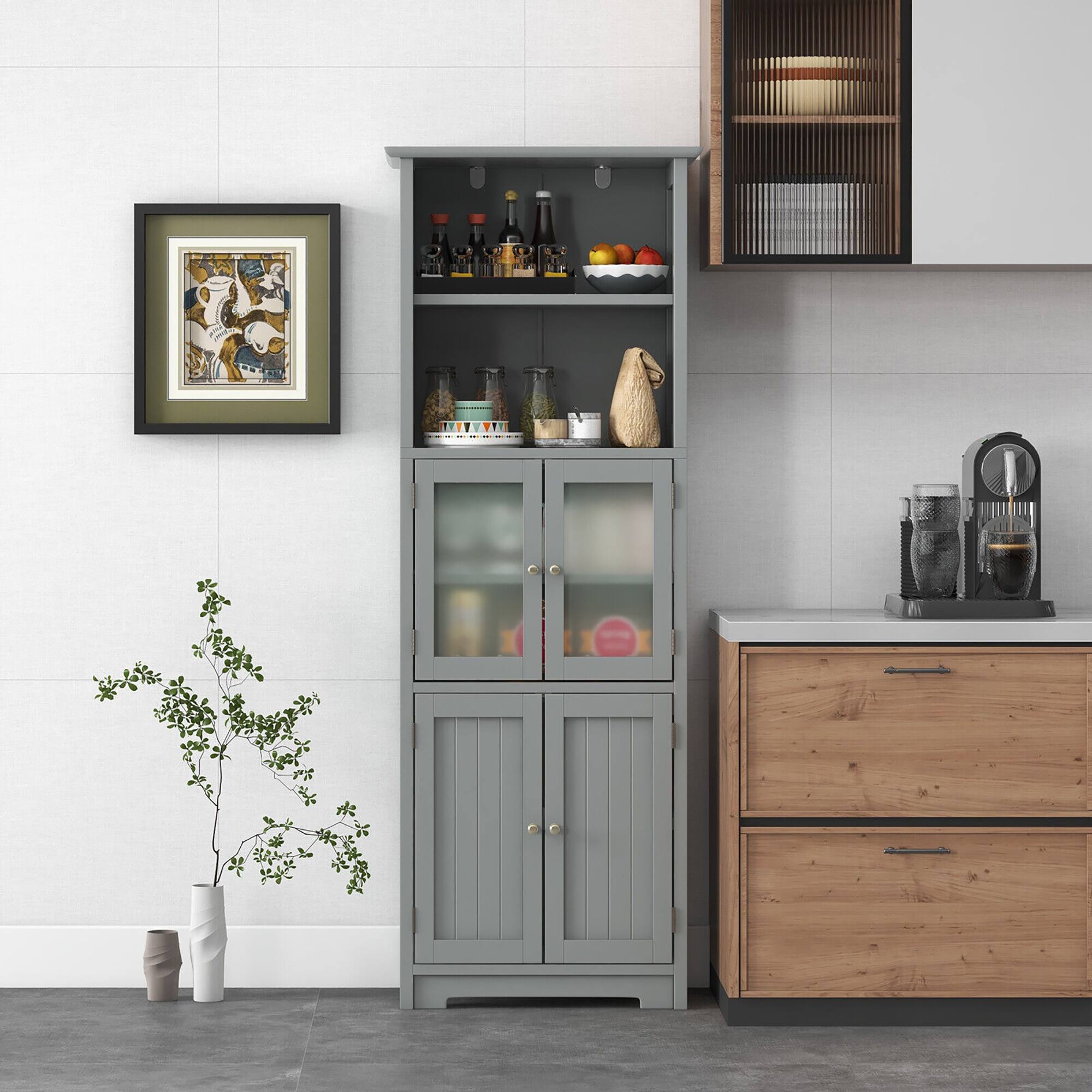 Alt View 4. Gymax - Gymax Bathroom Tall Storage Cabinet Linen Tower w/ Glass Door & Adjustable Shelf Grey - Gray.