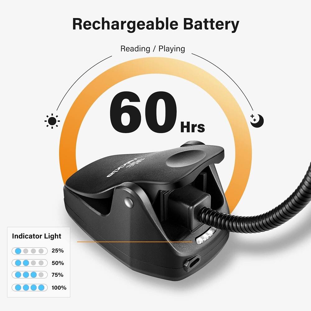 Rechargeable Battery  
Reading / Playing  
60 Hrs  

Indicator Light  
25%  
50%  
75%  
100%
