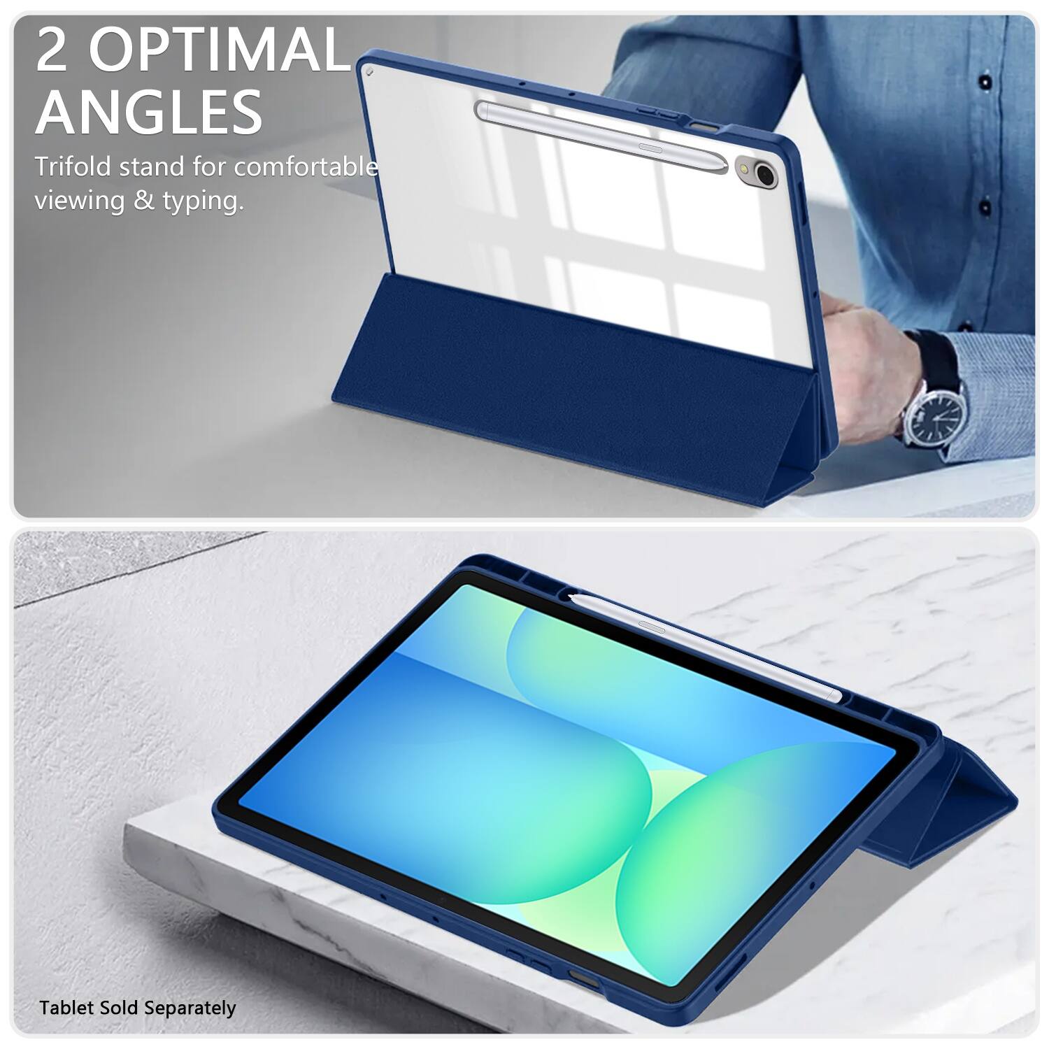 2 OPTIMAL ANGLES Trifold stand for comfortable viewing & typing. Tablet Sold Separately