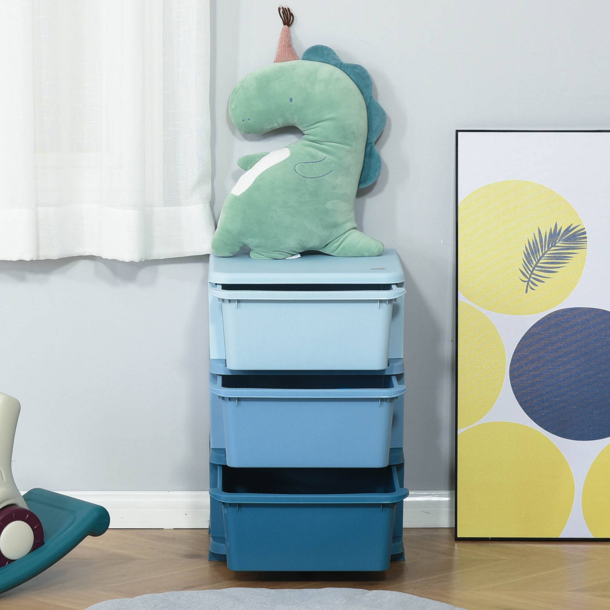 Alt View 5. Qaba - 3 Tier Kids Storage Unit, 3 Drawer Chest Toy Organizer, Plastic Bins, Bedroom, Nursery, Living Room, Boys Girls Toddlers - Blue.
