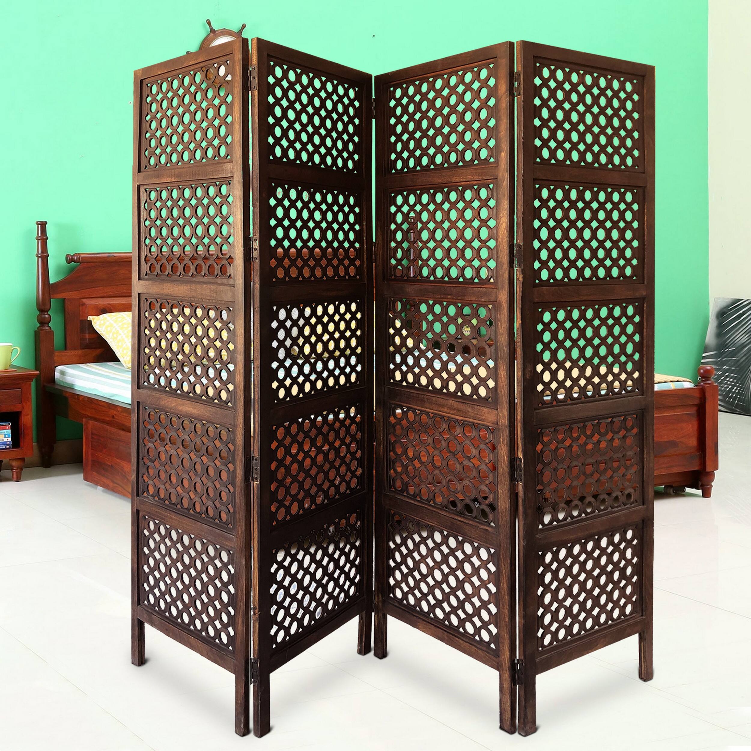 Alt View 6. Manhattan Lane - Decorative Four Panel Mango Wood Hinged Room Divider with Circular Cutout Design - Brown.