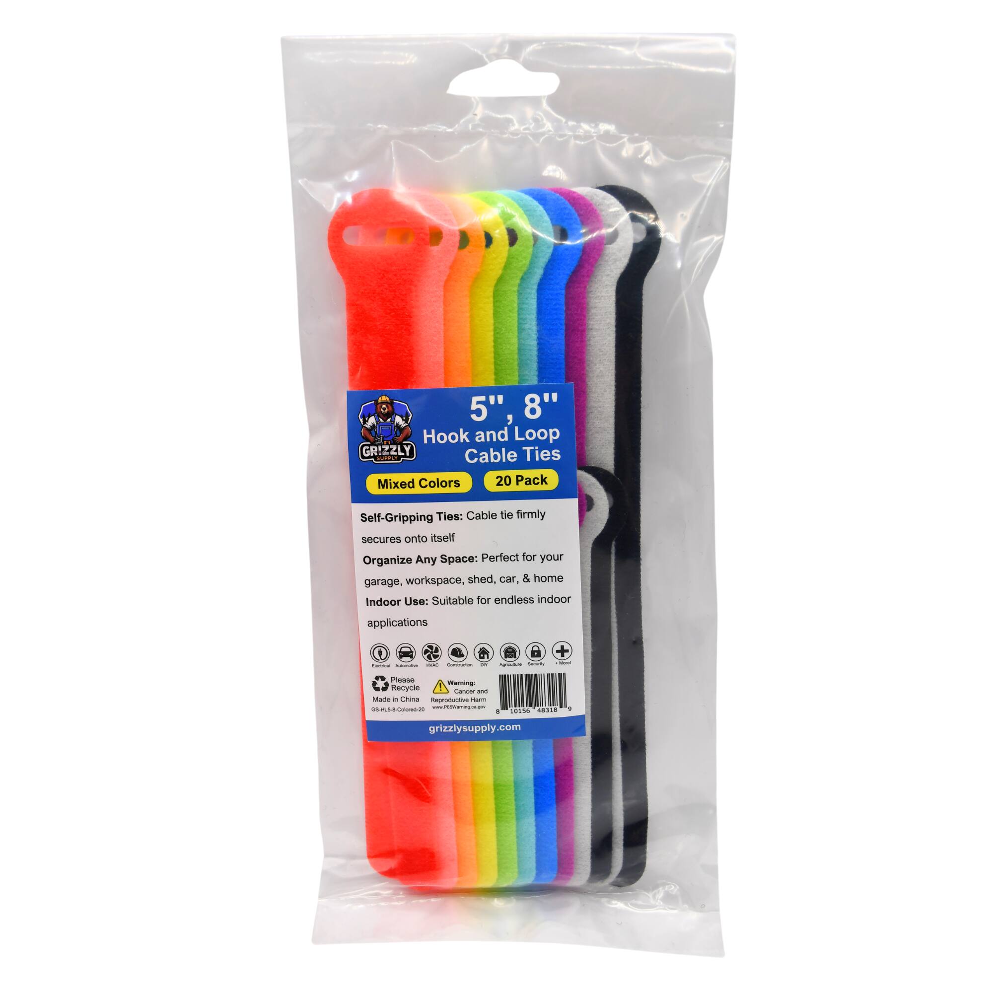 5", 8" Hook and Loop GRIZZLY Cable Ties I Mixed Colors 20 Pack Self-Gripping Ties: Cable tie firmly secures onto itself Organize Any Space: Perfect for your garage, workspace, shed, car, & home Indoor Use: Suitable for endless indoor applications | : I  - + - ease W Recycie -- - Marke - China toe - -- - I  - - MIME ... grizzlysupply.com +
