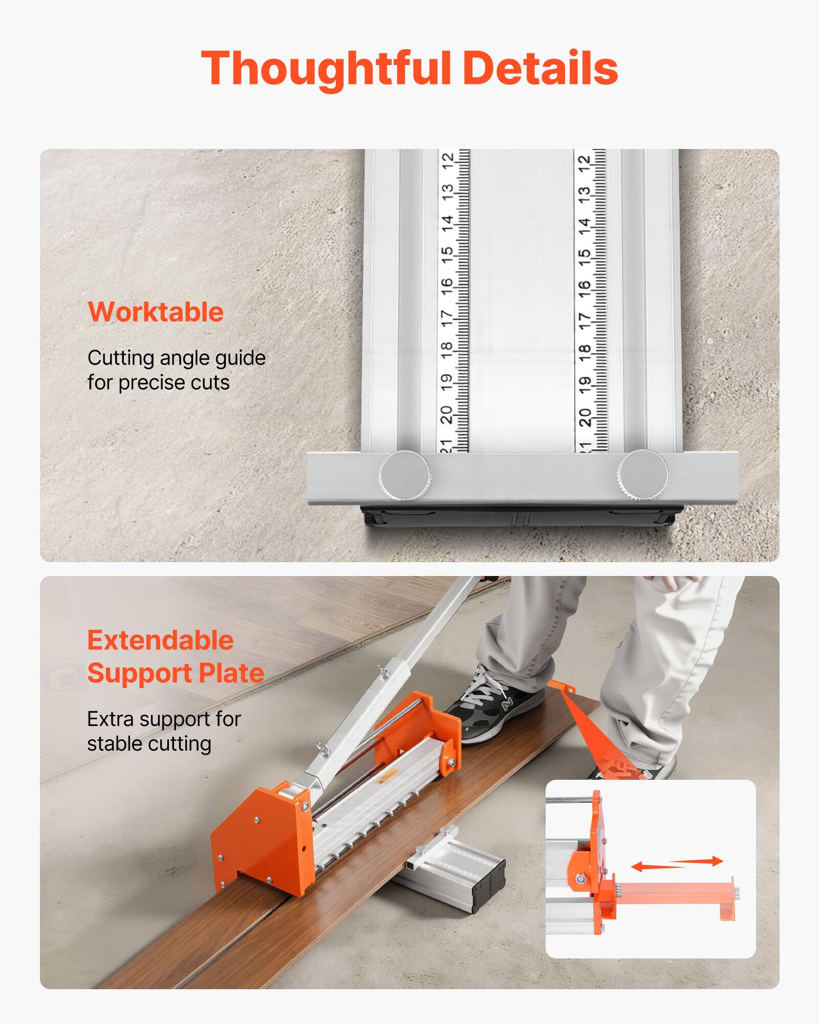 Thoughtful Details

Worktable
Cutting angle guide for precise cuts

Extendable Support Plate
Extra support for stable cutting