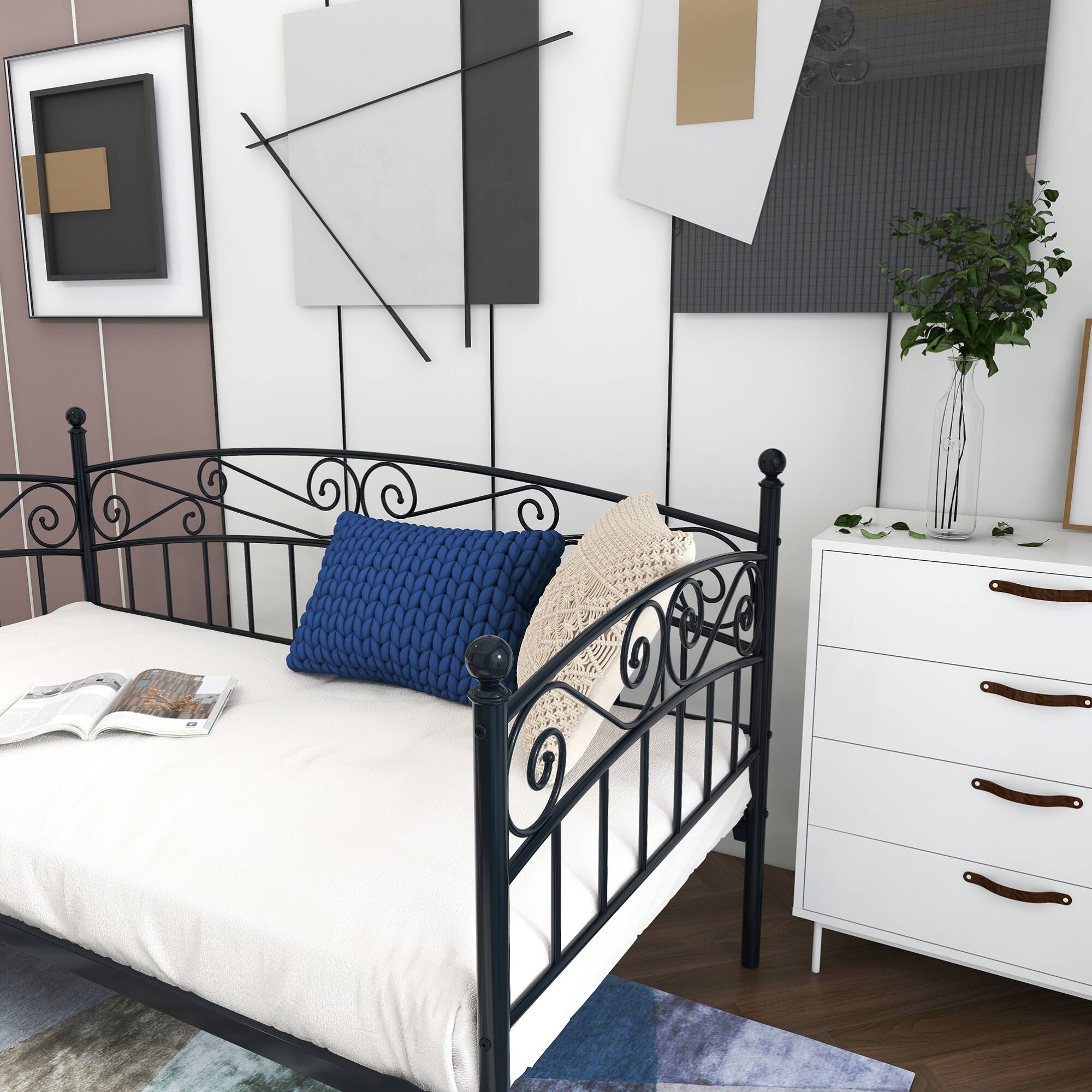 Angle. GOODSILO - Multifunctional Twin Size Metal Daybed Frame with Headboard Sturdy Mattress Foundation Sofa Bed - Black.