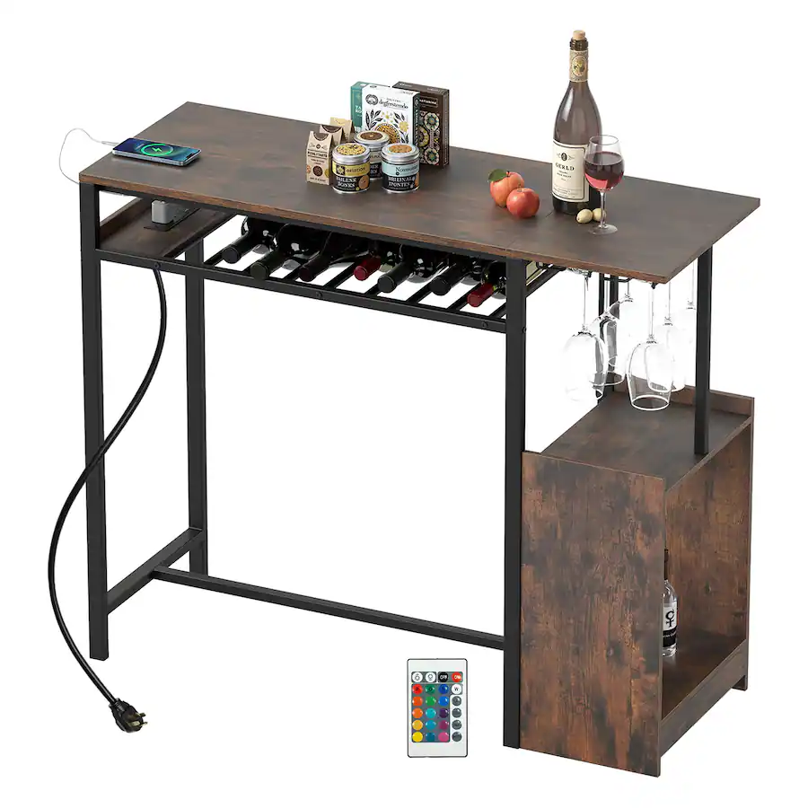 Gymax Rectangular Bar Table w/ Charging Station LED Light Wine Rack 2 ...