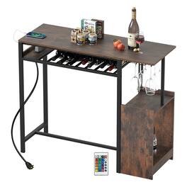 Gymax - Rectangular Bar Table w/ Charging Station LED Light Wine Rack 2 Rows Glass Rack - Brown