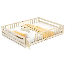 Costway - Queen Size Floor Bed with Full Length Safety Guardrails & Door for Boys, Girls - Natural