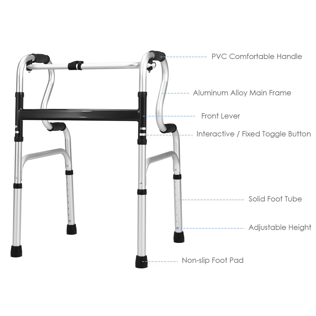 PVC Comfortable Handle, Aluminum Alloy Main Frame, Front Lever, Interactive / Fixed Toggle Button, Solid Foot Tube, Adjustable Height, Non-slip Foot Pad