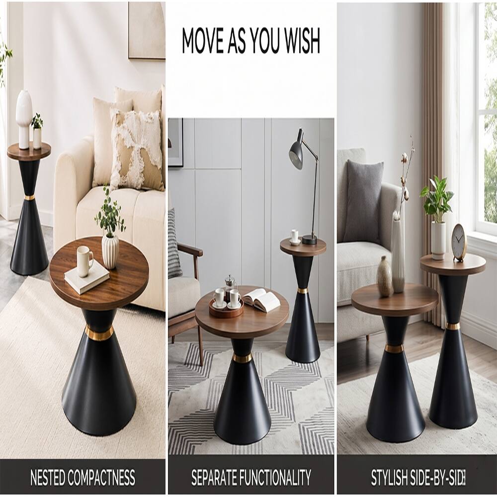 Loheer 2 Piece Round Coffee Table Set Walnut Black Metal Base Walnut ...