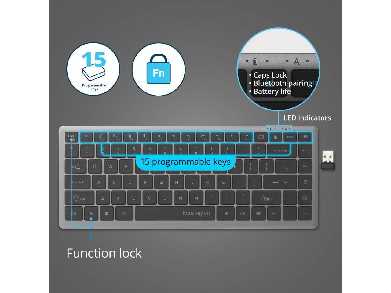 15 Programmable Keys  
Fn  
Caps Lock  
Bluetooth pairing  
Battery life  
LED indicators  

15 programmable keys  

Function lock  

Kensington