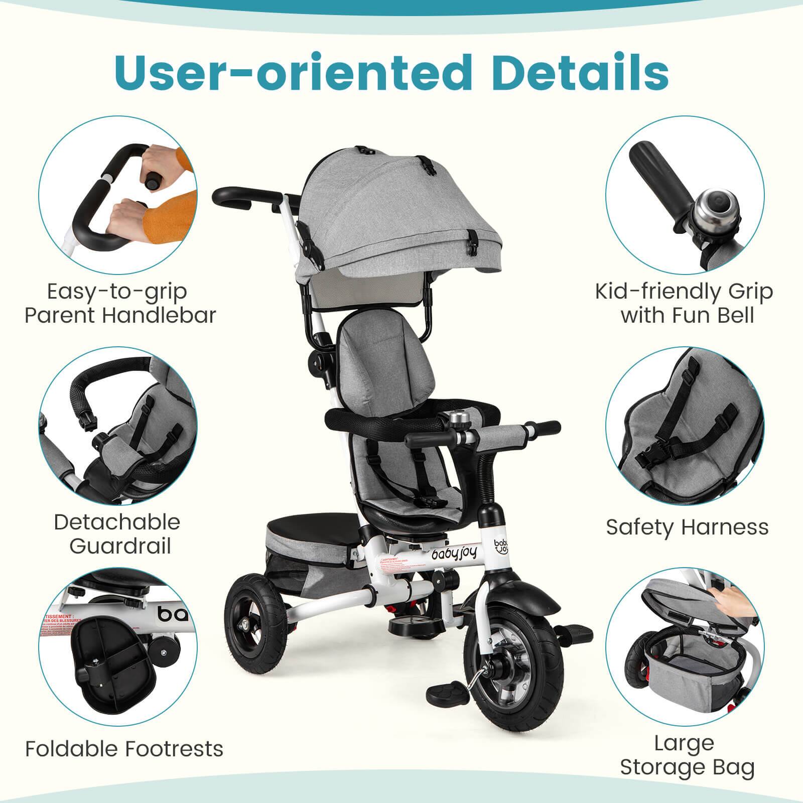 User-oriented Details

- Easy-to-grip Parent Handlebar
- Kid-friendly Grip with Fun Bell
- Detachable Guardrail
- Safety Harness
- Foldable Footrests
- Large Storage Bag