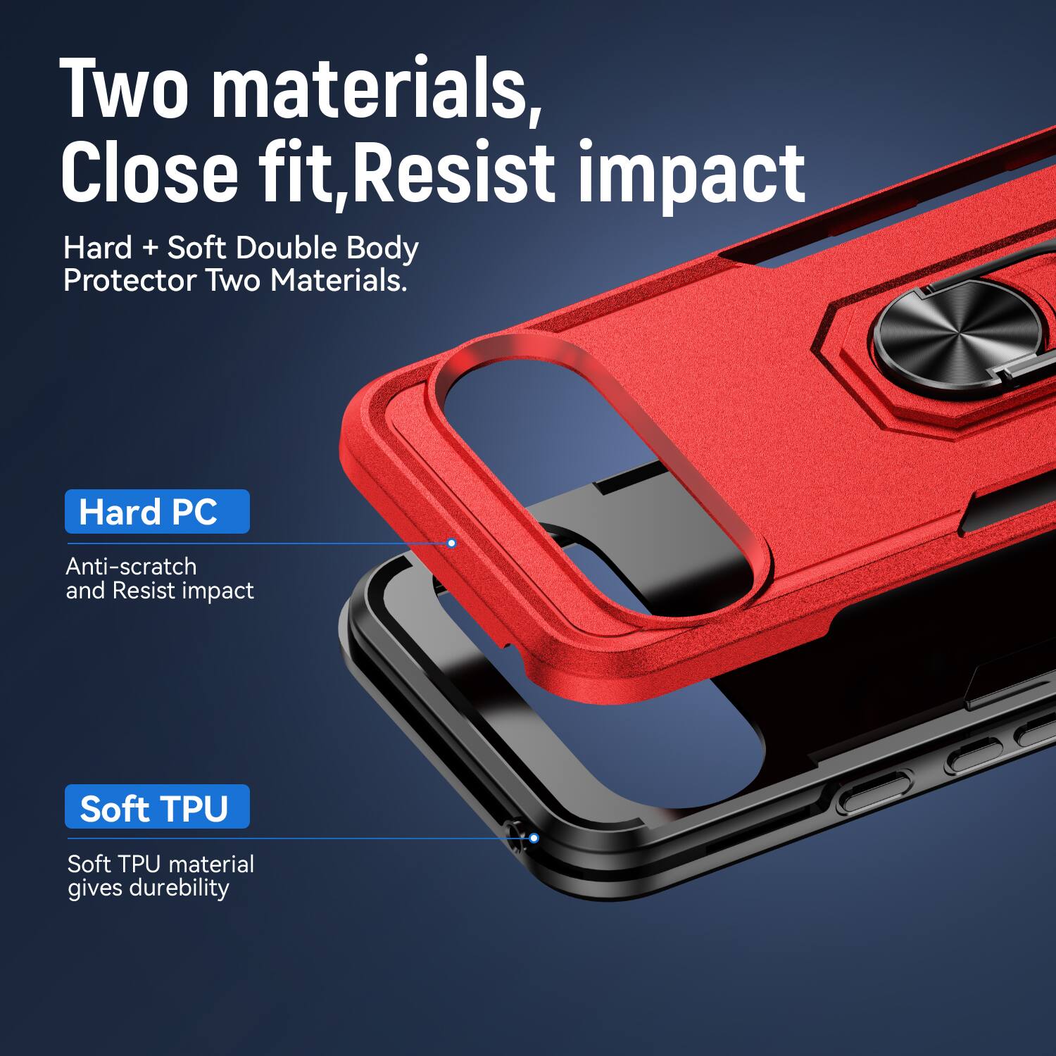 Two materials, Close fit, Resist impact  
Hard + Soft Double Body Protector Two Materials.  
Hard PC  
Anti-scratch and Resist impact  
Soft TPU  
Soft TPU material gives durability