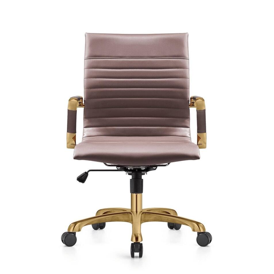 Back. LeisureMod - Harris Mid-Back Office Chair, Leather Upholstery with Gold Metal Frame Modern Armless Desk Chair for Conference Seating - Dark Brown.