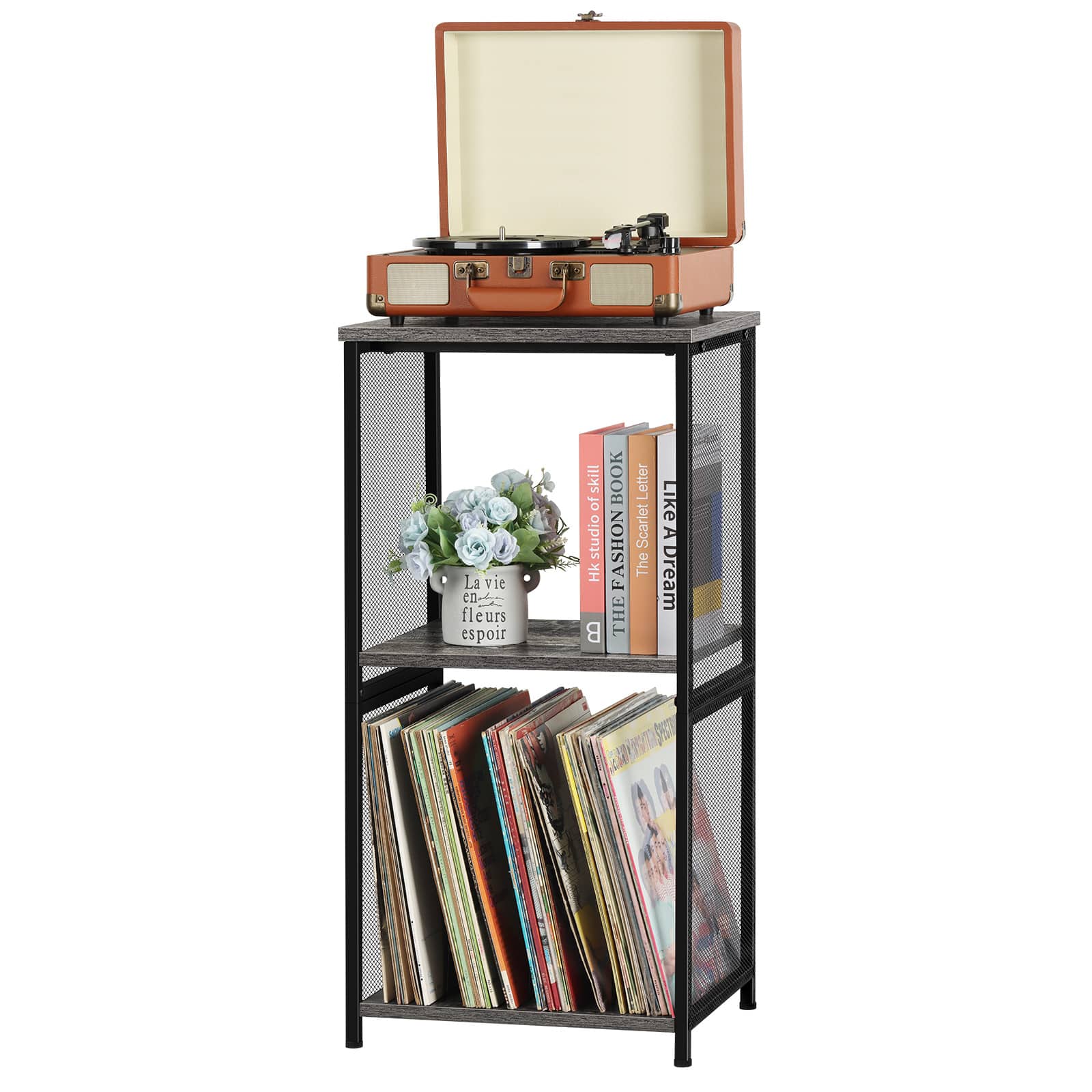 Oumilen - 3-Tier Turntable Stand with Vinyl Record Storage - Gray