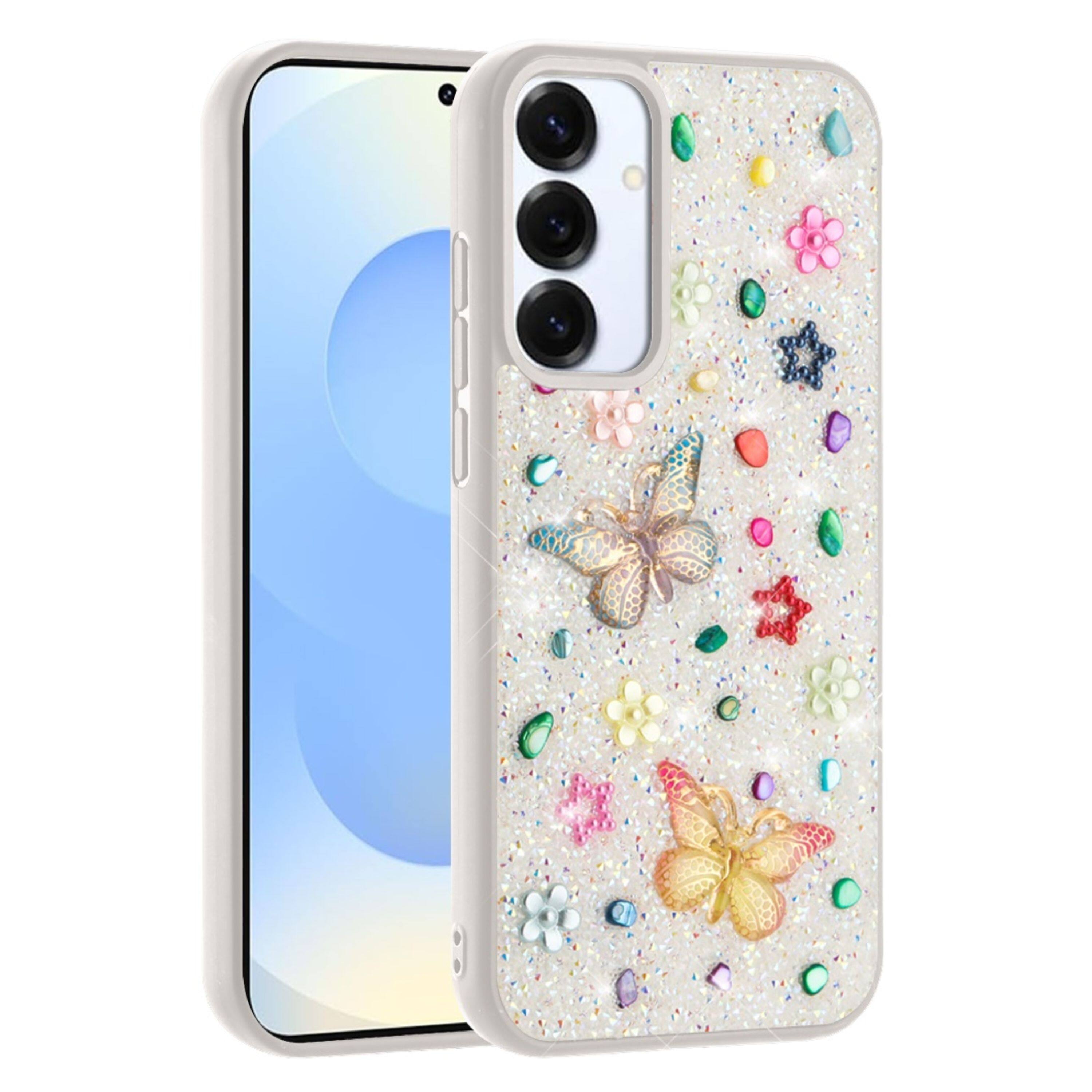 Angle. Kitcheniva - Butterfly 3D Jewel Glitter Design Phone Case With Tempered Glass For Samsung Galaxy S25/S24 White - White.