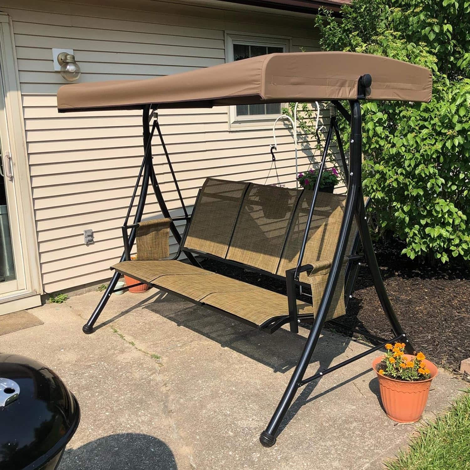 Front. PURPLE LEAF - 2/3-person Deluxe Outdoor Patio Porch Swing with Weather Resistant Steel Frame, Adjustable Tilt Canopy - Beige-3 Person.