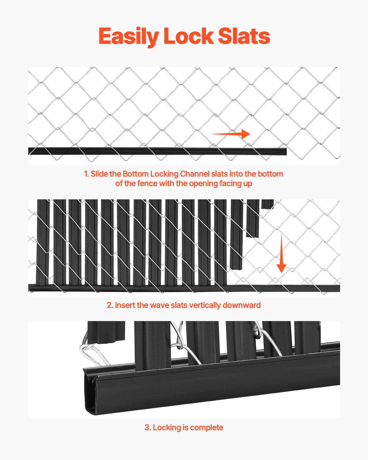 Easily Lock Slats

1. Slide the Bottom Locking Channel slats into the bottom of the fence with the opening facing up
2. Insert the wave slats vertically downward
3. Locking is complete