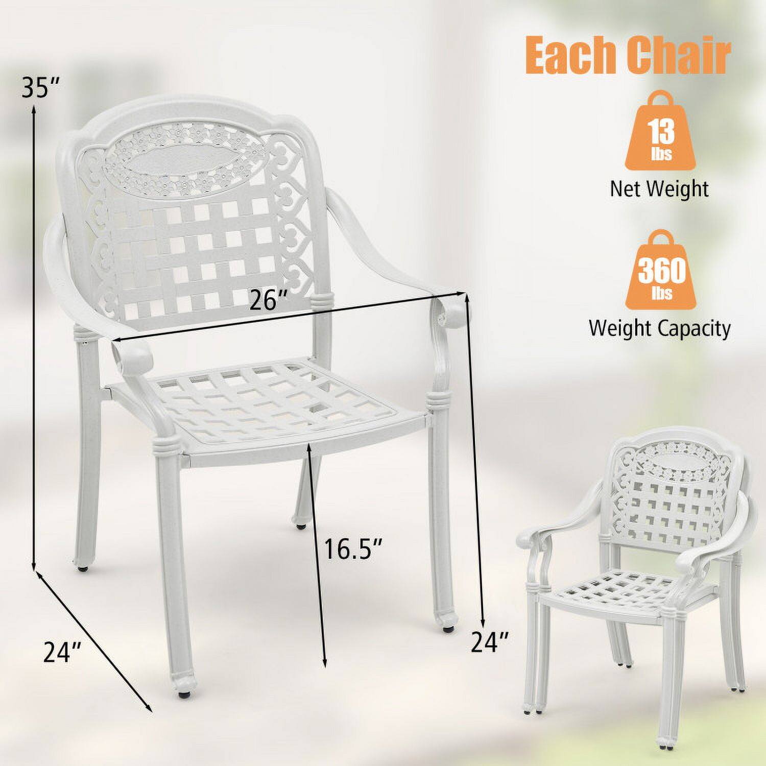 Each Chair  
35"  
13 lbs Net Weight  
26"  
360 lbs Weight Capacity  
16.5"  
24"  
24"