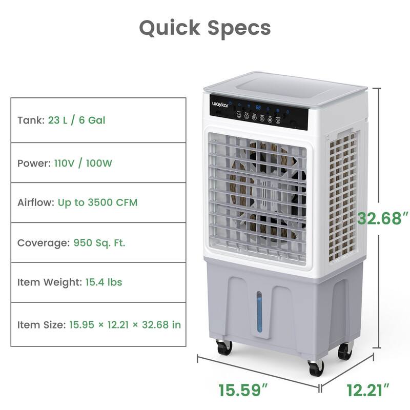 Quick Specs

Tank: 23 L / 6 Gal

Power: 110V / 100W

Airflow: Up to 3500 CFM

Coverage: 950 Sq. Ft.

Item Weight: 15.4 lbs

Item Size: 15.95 x 12.21 x 32.68 in

Dimensions:
- Height: 32.68"
- Width: 15.59"
- Depth: 12.21"