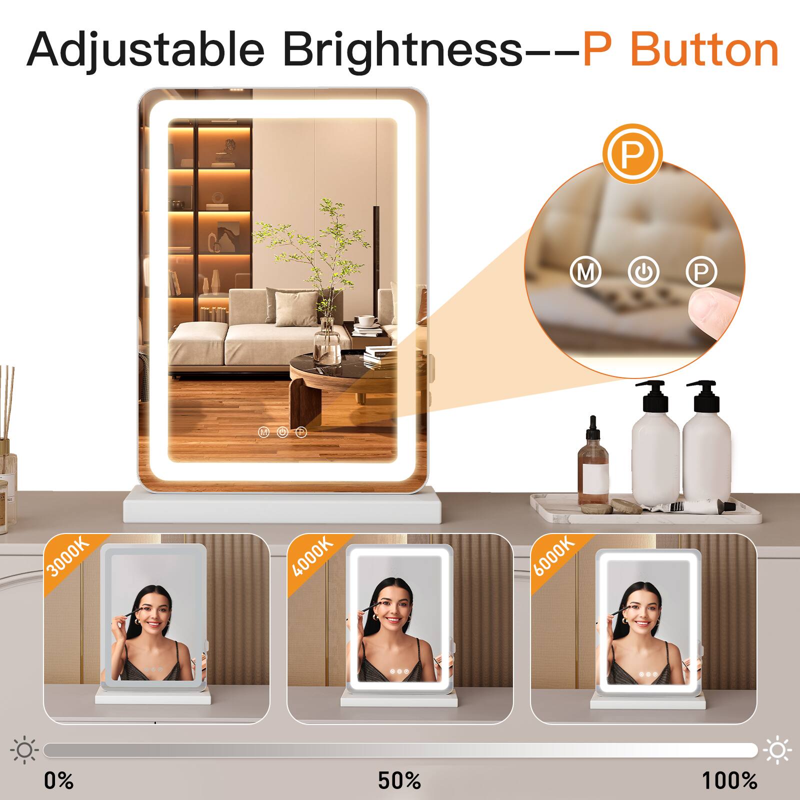 Adjustable Brightness--P Button

3000K 4000K 6000K

0% 50% 100%