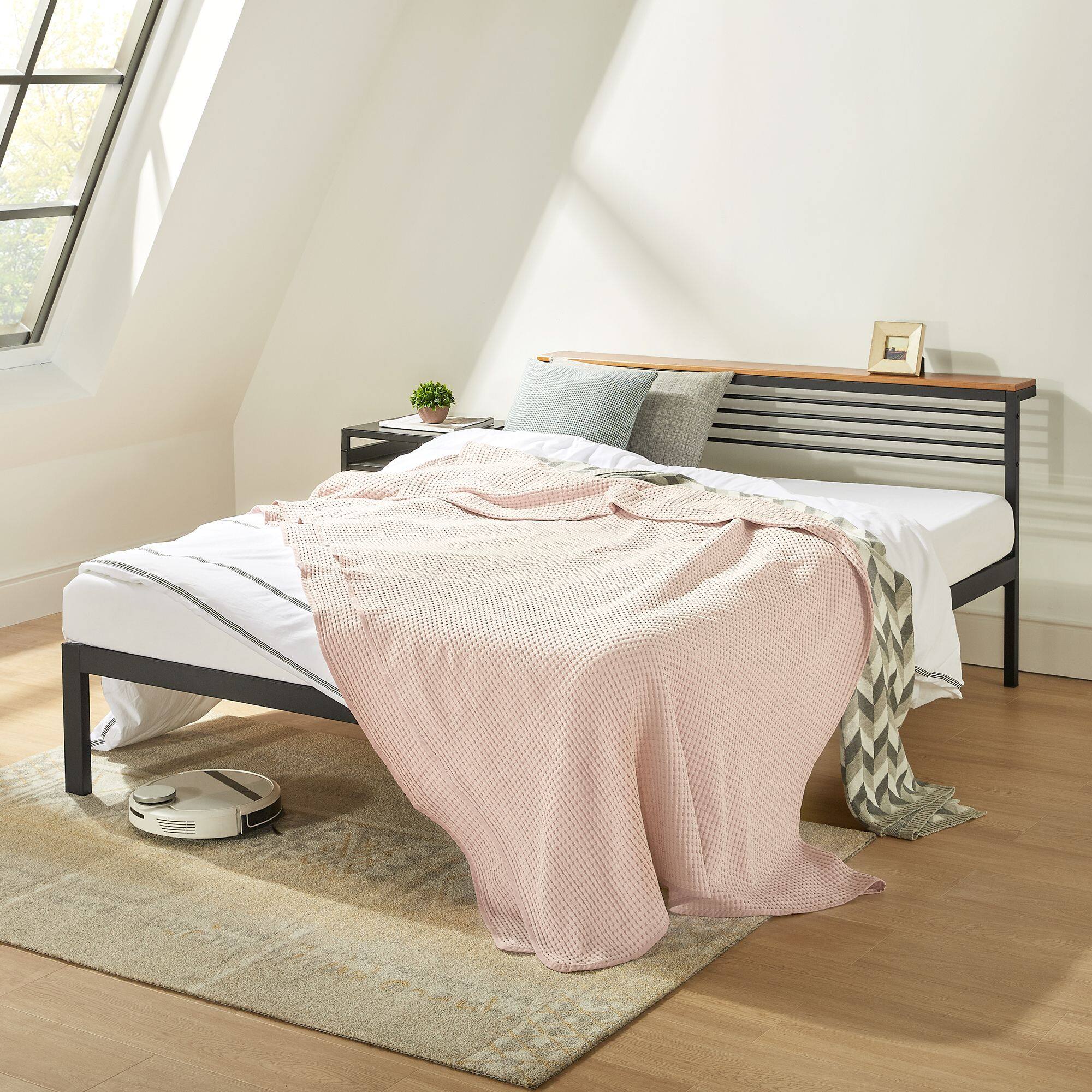 Alt View 4. Mellow - Mellow HYLLE Metal & Wood Platform Bed Frame with Low Headboard Shelf, Twin - Pine.