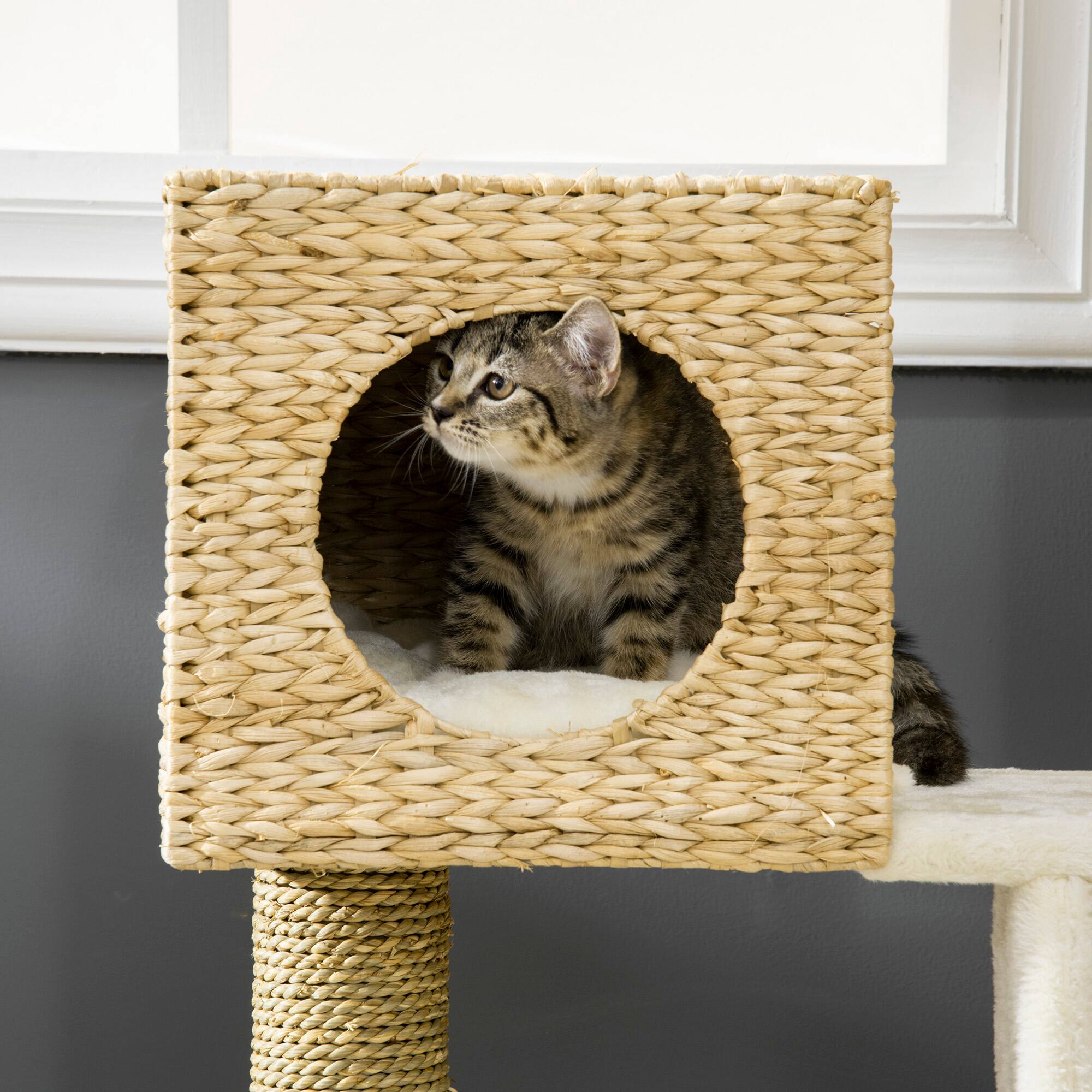 Alt View 4. Pawhut - Cattail Weave Indoor Cat Tree, Kitty Tower with Rattan Condo, Wicker Bed, Washable Cushions, 22.5" x 14.5" x 39.5".