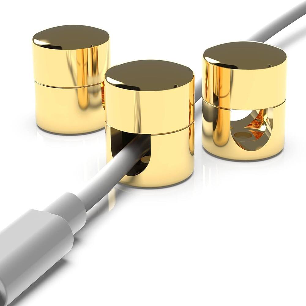 Front. THIRSTY TURTLE - 3-Pack Cable Anchors – Aluminum Desk Cord Organizers, Gold.