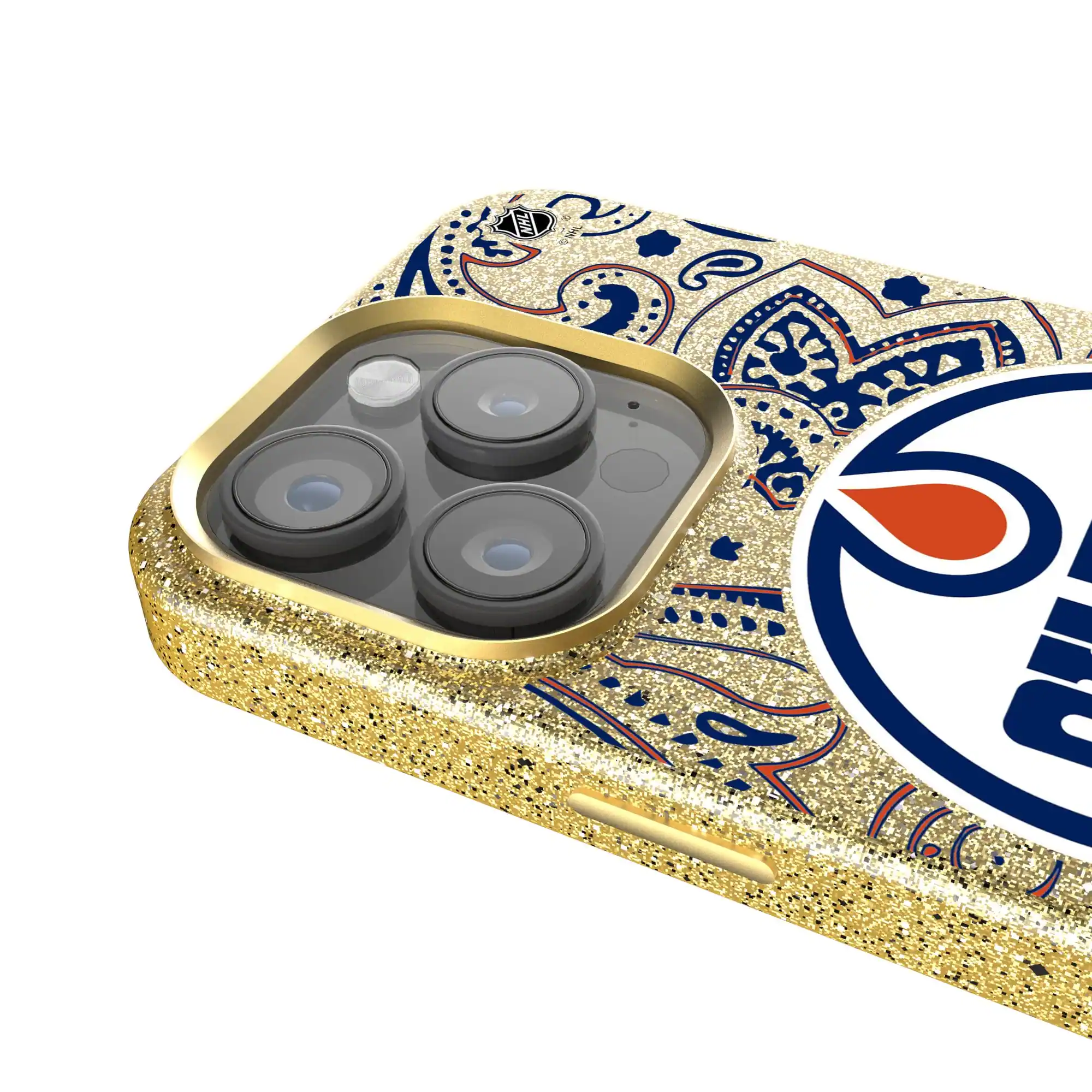 Alt View 3. Keyscaper - Gold Edmonton Oilers Paisley Bling iPhone Case - 14 Pro - Gold.