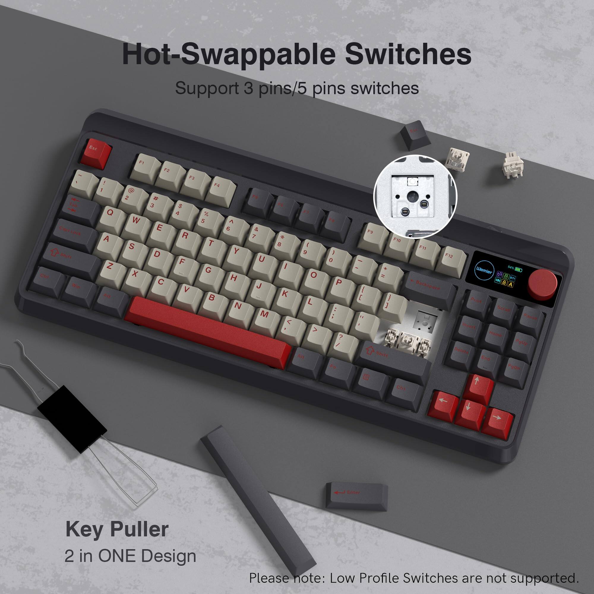 Hot-Swappable Switches  
Support 3 pins/5 pins switches  

Key Puller  
2 in ONE Design  

Please note: Low Profile Switches are not supported.