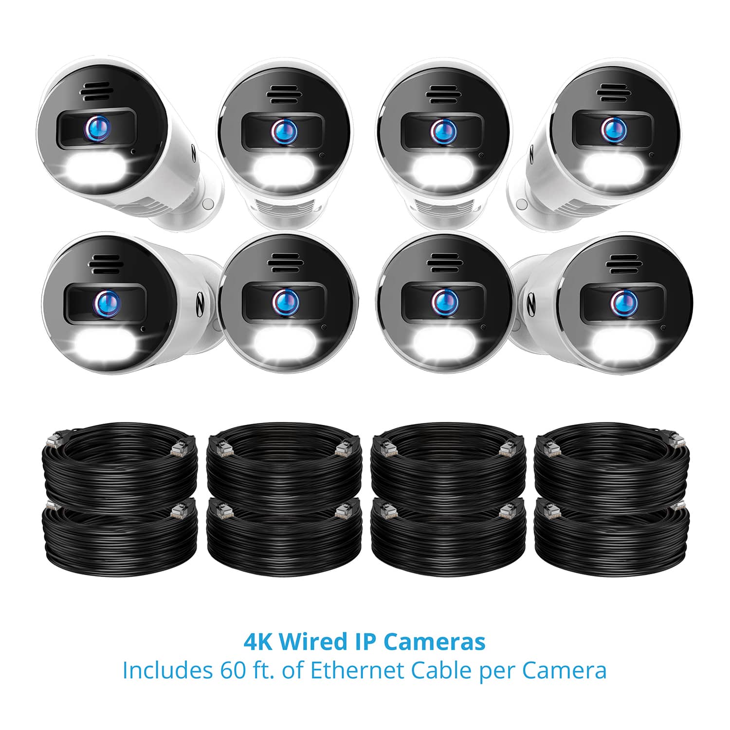 The image features a collection of four wired IP cameras, each with a 60-foot Ethernet cable attached. The cameras are positioned at various angles and heights, showcasing their versatility and functionality. The image highlights the benefits of using wired IP cameras for security and surveillance purposes, as they provide high-quality video feeds and are reliable due to their direct connection to the network.