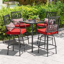 Nuu Garden - Outdoor 5PCS Metal Swivel Bar Set with Umbrella Hole and Padded Cushions - Black and Red