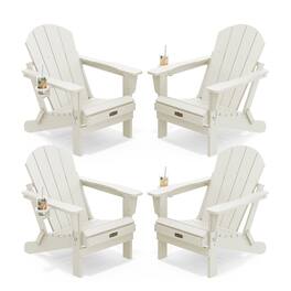 SERWALL - Folding Adirondack Chair Set of 4, All Weather HIPS Patio Chairs with Cup Holder Fire Pit Chairs - White