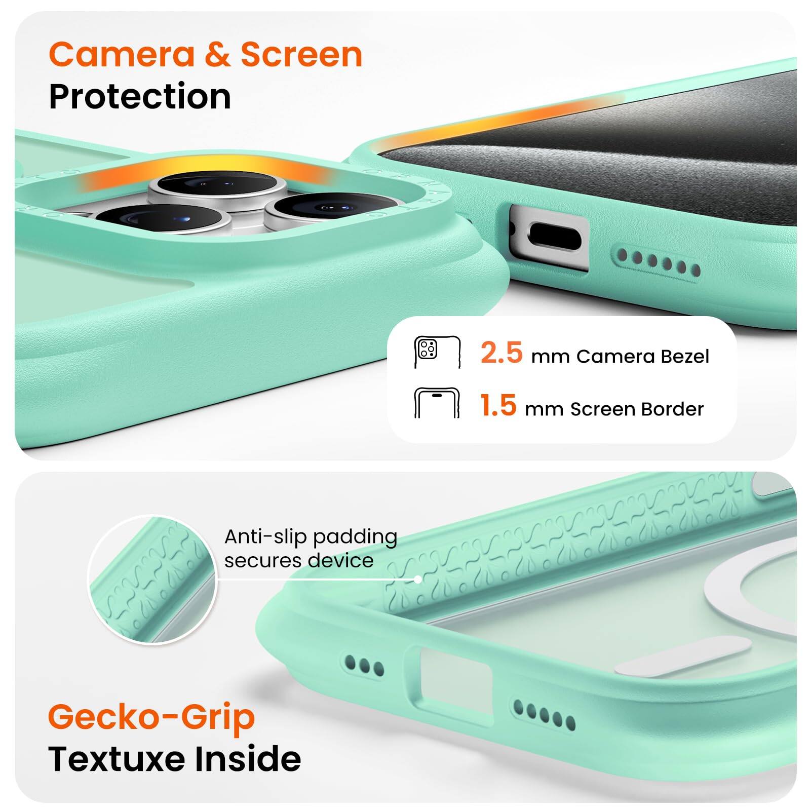 Camera & Screen Protection  
2.5 mm Camera Bezel  
1.5 mm Screen Border  
Anti-slip padding secures device  
Gecko-Grip Textuxe Inside
