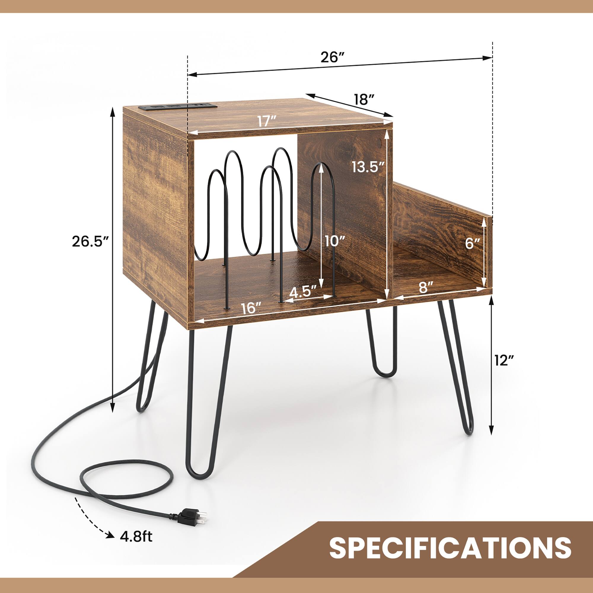 - Width: 26"
- Depth: 18"
- Height: 26.5"
- Top Surface: 17" x 13.5"
- Drawer: 10" x 6"
- Shelf: 16" x 8"
- Leg Height: 12"
- Cord Length: 4.8 ft